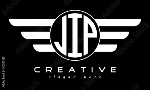 JIP three letter monogram type circle letter logo with wings vector template.