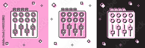 Set Sound mixer controller icon isolated on pink and white, black background. Dj equipment slider buttons. Mixing console. Vector