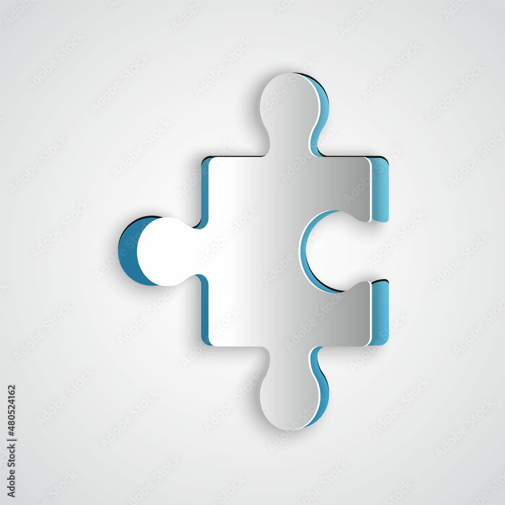 Paper cut Piece of puzzle icon isolated on grey background. Business, marketing, finance, layout, infographics, internet concept. Paper art style. Vector Paper cut Piece of puzzle icon isolated on grey background. Business, marketing, finance, layout, infographics, internet concept. Paper art style. Vector