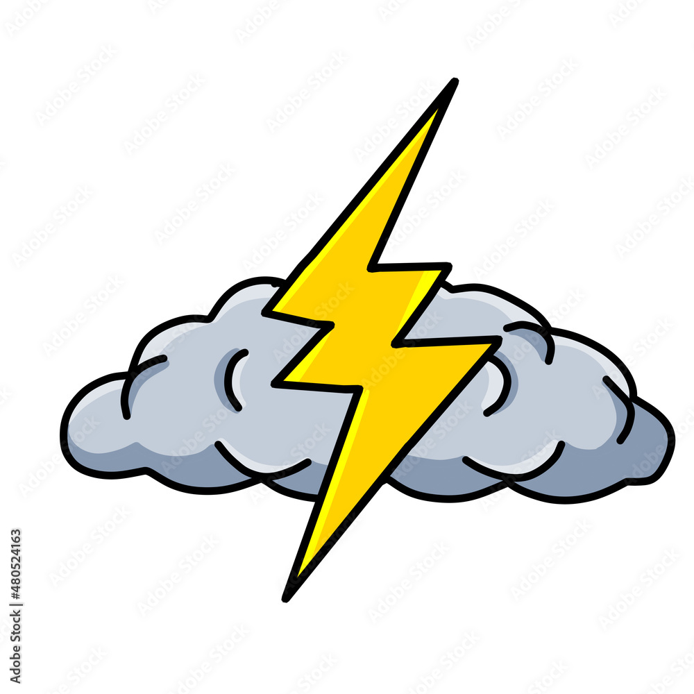 Naklejka premium Overcast weather. Gray cloud with lightning. Cartoon thundercloud. Isolated vector illustration