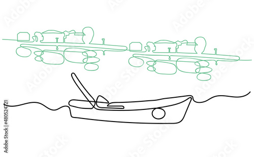 Continuous One Line drawing of Boat. Abstract small vessel in minimalism style. Continuous hand drawn sketch. Bonus embankment. Vector