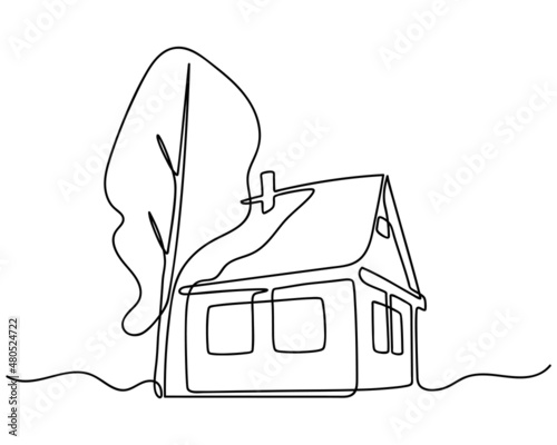 Continuous One Line drawing of House with Tree. Abstract small country wooden house in minimalism style. Continuous hand drawn sketch. Vector