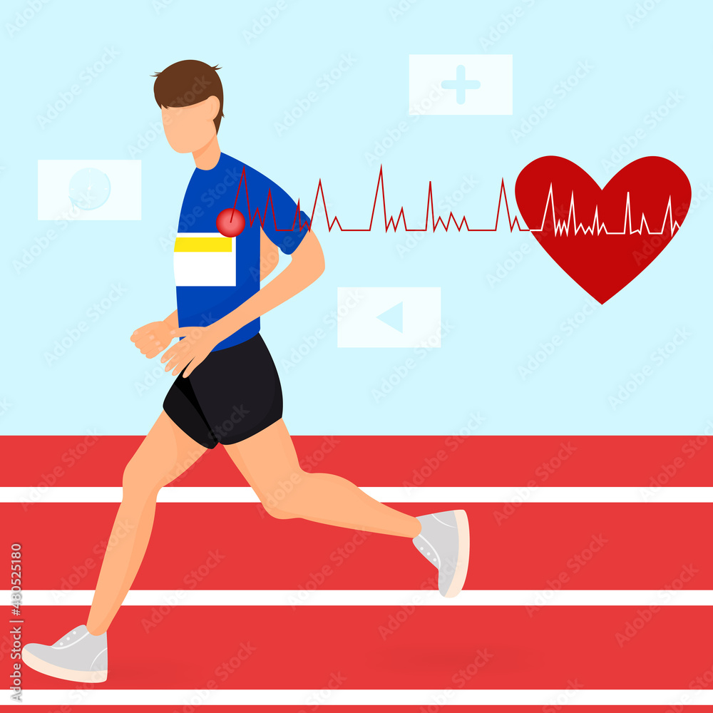man is running through the stadium, you can see a rapid heartbeat. Benefits of running, prevention of cardiology, medical examination, health promotion. Vector illustration of the concept healthcare