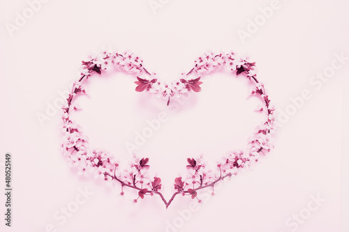 Spring flowers in heart shape on pink paper  for valentine's, Mothers day concept.