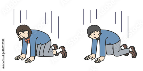 四つん這いになって落ち込んでいる男子学生と女子学生のイラスト素材