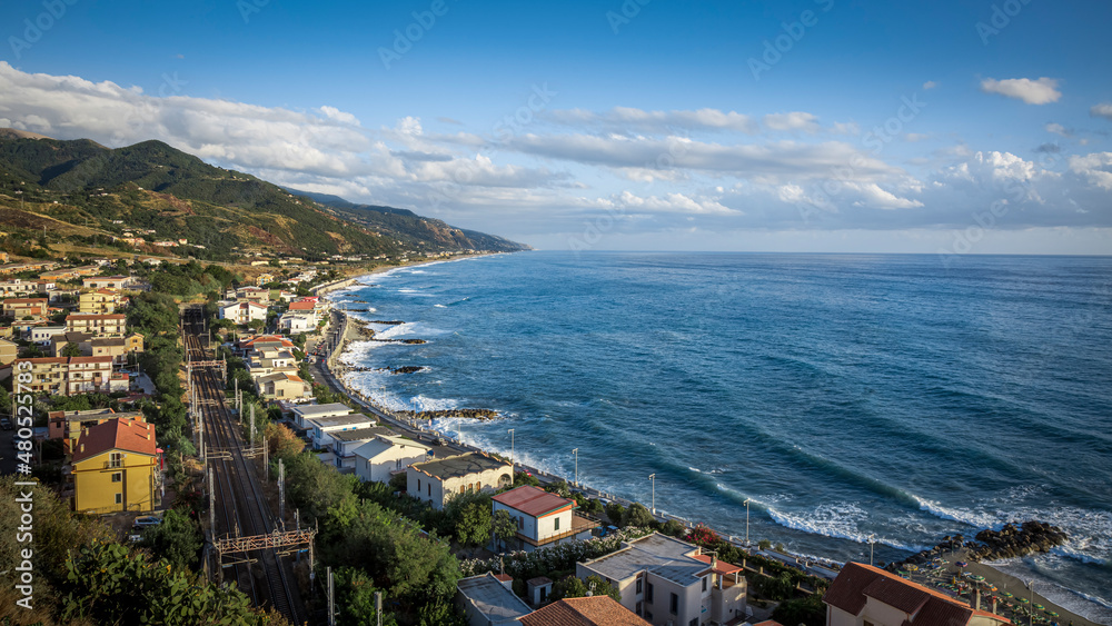Aerial view of the Tyrrhenian Sea and beautiful beach in Italy. Sand beach and sea view from above. Beach aerial view of sea water and sand shore.