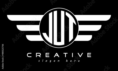 JUT three letter monogram type circle letter logo with wings vector template.