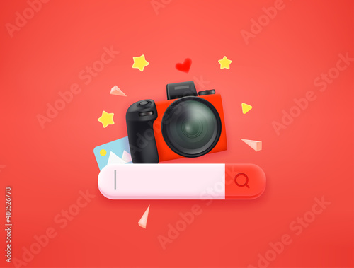 Searching for a photo concept with search tab. 3d style vector illustration