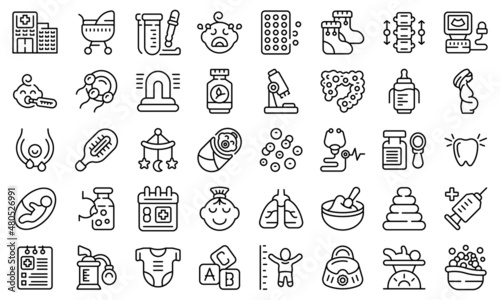 Baby health icons set outline vector. Breast milk