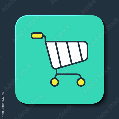 Filled outline Shopping cart icon isolated on blue background. Online buying concept. Delivery service sign. Supermarket basket symbol. Turquoise square button. Vector