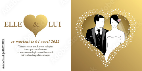 Carte d’invitation pour un mariage, élégante, graphique avec un couple de mariés dans un cœur - texte français - traduction : elle & lui se marient.