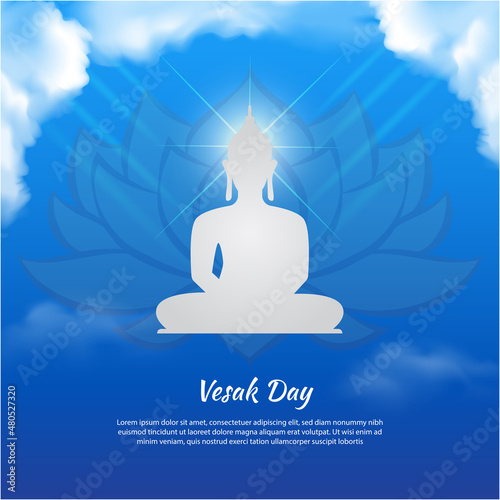 Celebration Vesak Day background with shinny Buddha and realistic cloud. Vesak day gradient sky blue vector illustration