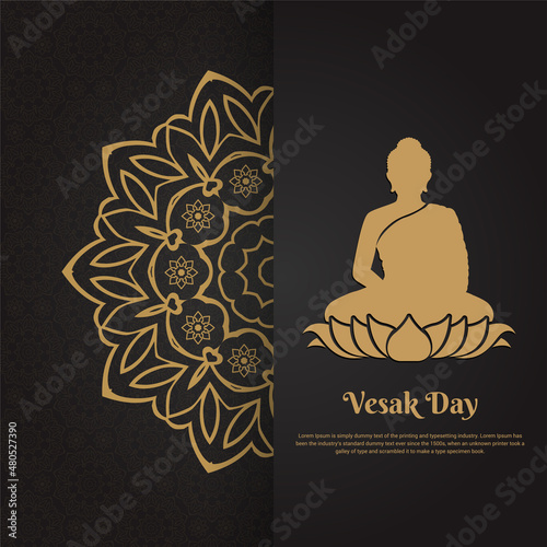 Elegant Vesak Day background with Lord Buddha silhouette and golden mandala. Vesak Day vector illustration