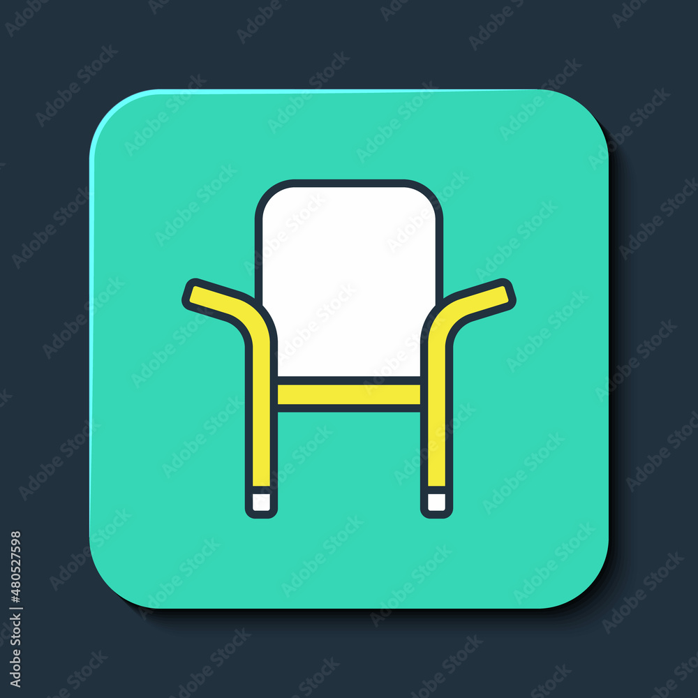 Filled outline Camping portable folding chair icon isolated on blue background. Rest and relax equipment. Fishing seat. Turquoise square button. Vector