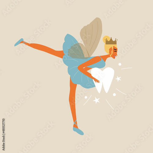 Hand drawn beautiful cute tooth fairy girl with a big tooth. Vector illustration.