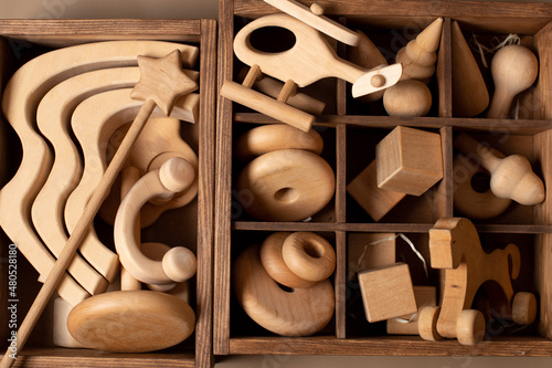 wooden toys, a set of wooden toys in a box