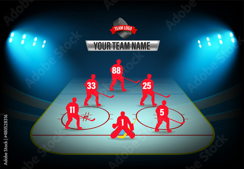Hockey team formation template. Illuminated stadium with players