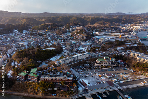 Matsushima Town, Miyagi, Japan. Town Covered in Snow in Winter, Aerial Point of View