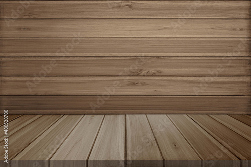 Blank wood table top on wall kitchen home background. Perspective old brown wooden floor over blur in barn background - can be used mock up for montage products display and design key visual layout.