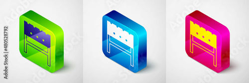 Isometric BBQ brazier icon isolated on grey background. Square button. Vector