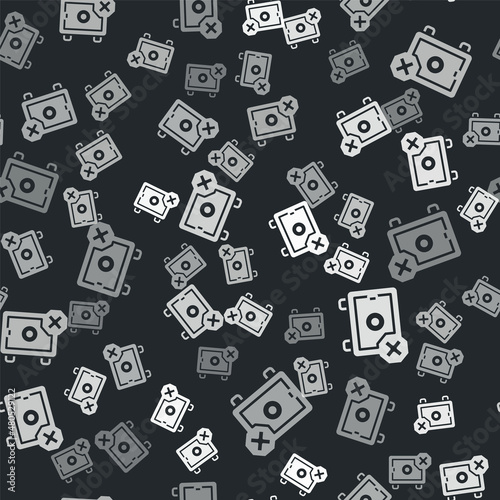 Grey Safe icon isolated seamless pattern on black background. The door safe a bank vault with a combination lock. Reliable Data Protection. Vector