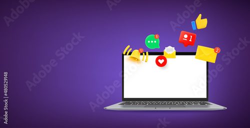 Modern laptop mockup with notifications of messengers. Horizontal vector banner with copy space
