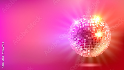 Bright glowing red disco ball. Vector 3d banner with copy space