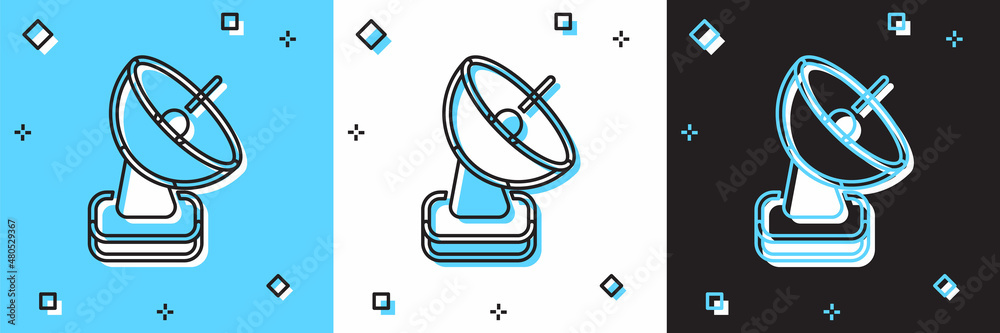 Set Radar icon isolated on blue and white, black background. Search system. Satellite sign. Vector Set Radar icon isolated on blue and white, black background. Search system. Satellite sign. Vector