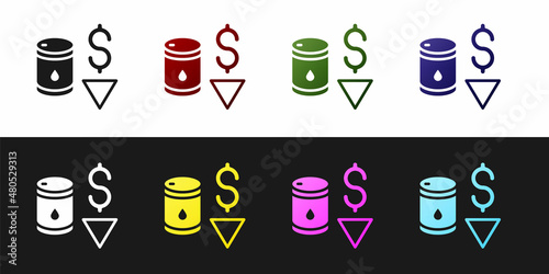 Set Drop in crude oil price icon isolated on black and white background. Oil industry crisis concept. Vector