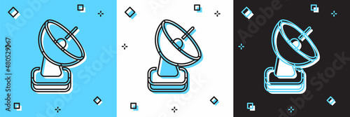 Set Radar icon isolated on blue and white, black background. Search system. Satellite sign. Vector