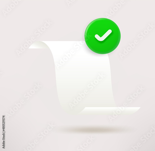 Paper sheet icon with checkmark. 3d vector icon