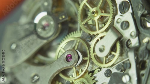 Clock watch mechanism working, detail close-up