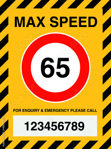 65 kilometres or miles per hour max speed limit red and yellow sign - sixty five speed limit traffic sign editable vector illustration