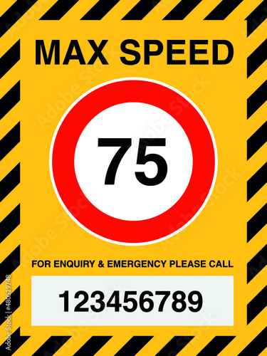 75 kilometres or miles per hour max speed limit red and yellow sign - seventy five speed limit traffic sign editable vector illustration