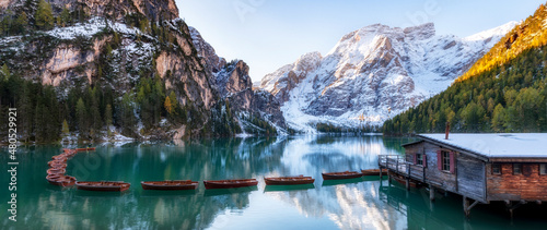 Photography Landscape of Lago di Braies in dolomite mountains