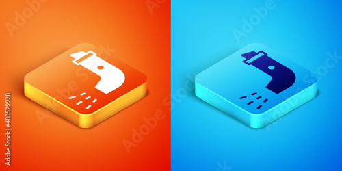 Isometric Inhaler icon isolated on orange and blue background. Breather for cough relief, inhalation, allergic patient. Vector