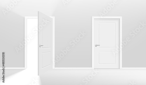 Two doors one of them is opening. Realistic 3d style vector illustration
