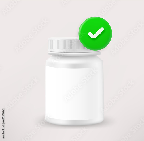 Plastic container with capsules with checkmark. 3d vector icon