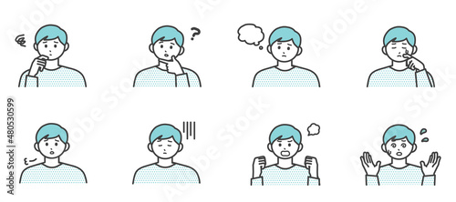 若い男性の表情とジェスチャーのイラスト素材セット