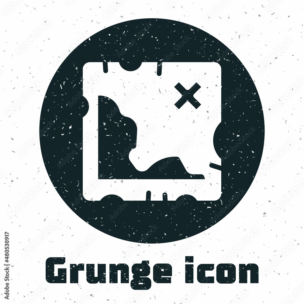 Grunge Pirate treasure map icon isolated on white background. Monochrome vintage drawing. Vector