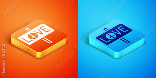 Isometric Peace icon isolated on orange and blue background. Hippie symbol of peace. Vector