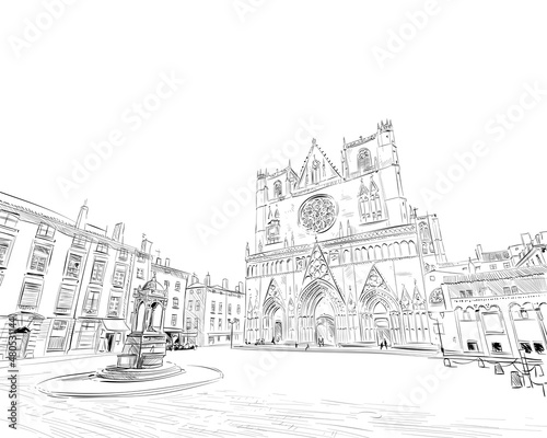 France. Lyon. The Cathedral of Saint-Jean or the Cathedral of St. John the Baptist. Main Cathedral of Lyon. Hand drawn sketch. Vector illustration.