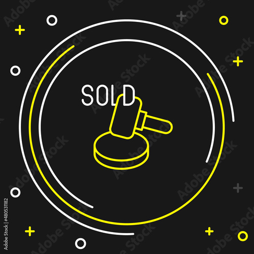 Line Auction hammer icon isolated on black background. Gavel - hammer of judge or auctioneer. Bidding process, deal done. Auction bidding. Colorful outline concept. Vector