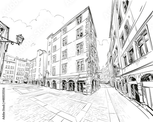 France. Old Lyon. Hand drawn sketch. Vector illustration.