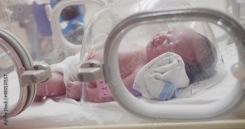 Closeup lovely little newborn baby infant lying in incubators for newborns, Newborn baby having the the breathing problem after birth, newborn in NICU, Neonatal intensive care unit	
