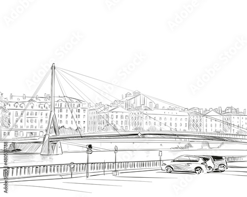 France. Lyon. Footbridge of the Palace of Justice. Passerelle du Palais de Justice. Hand drawn sketch. Vector illustration.