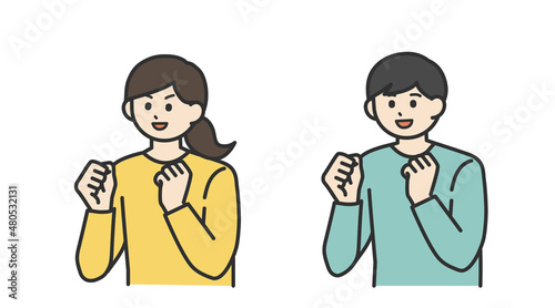 若い男性と若い女性がガッツポーズをするイラスト素材