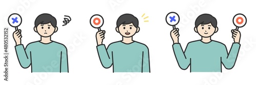 若い男性がまるとばつの札を持つイラスト素材
