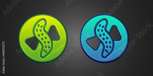 Green and blue Served cucumber on a plate icon isolated on black background. Marine food. Vector