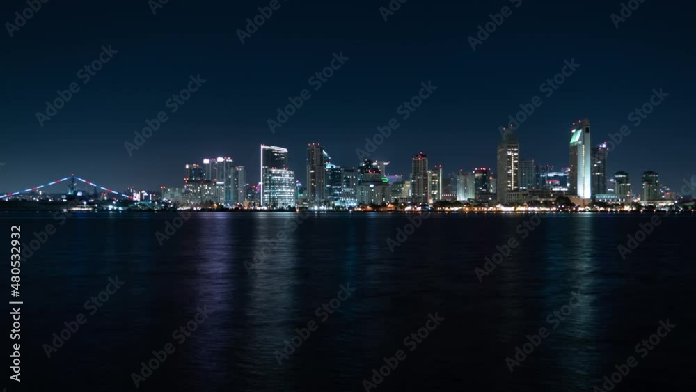 San Diego Downtown Skyline Reflections Panorama from Coronado Island R Night Time Lapse California USA San Diego Downtown Skyline Reflections Panorama from Coronado Island R Night Time Lapse California USA